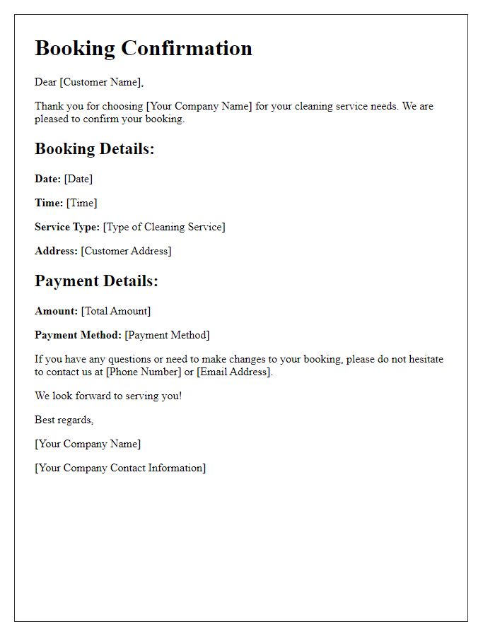 Letter template of residential cleaning service booking confirmation