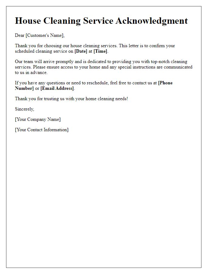 Letter template of scheduled house cleaning service acknowledgment