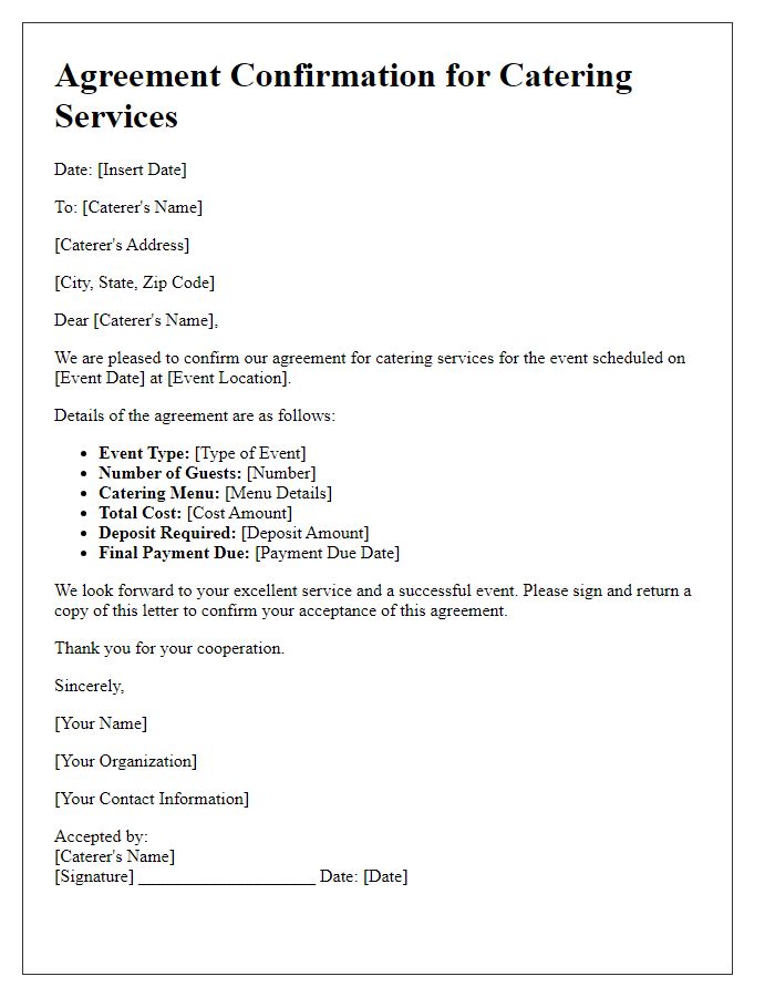 Letter template of agreement confirmation for catering services