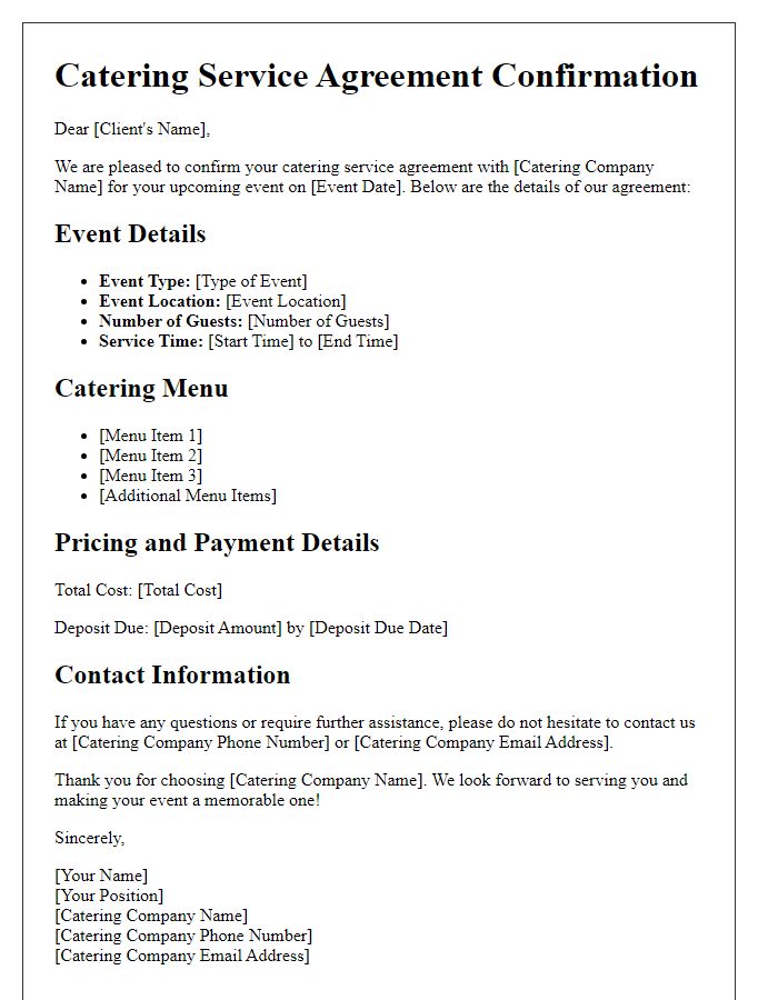 Letter template of catering service agreement confirmation