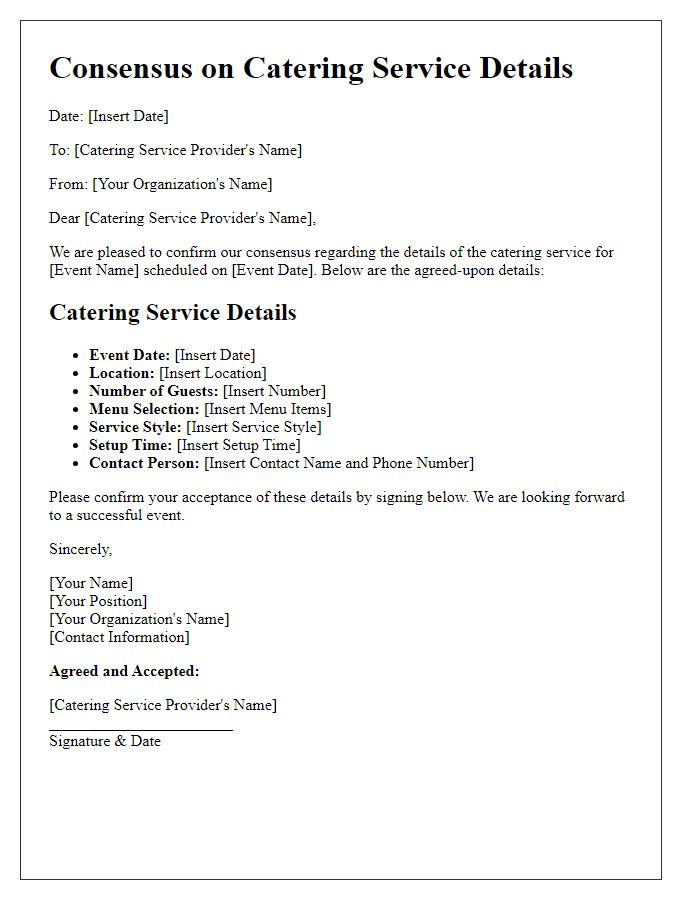 Letter template of consensus on catering service details