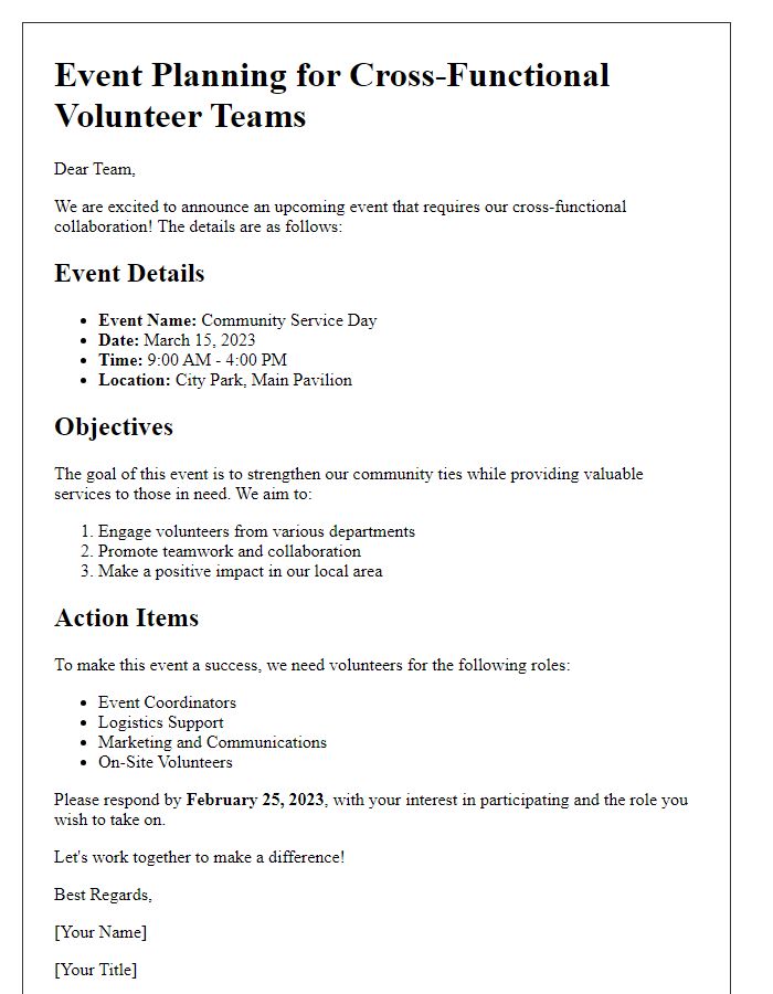 Letter template of event planning for cross-functional volunteer teams