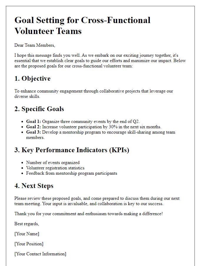 Letter template of goal setting for cross-functional volunteer teams