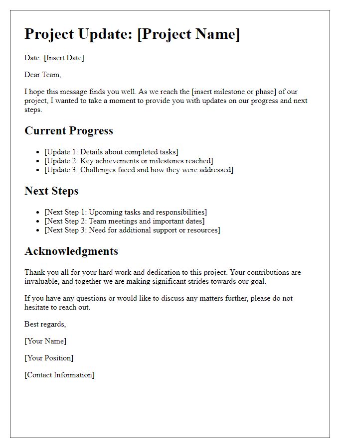 Letter template of project updates for cross-functional volunteer teams