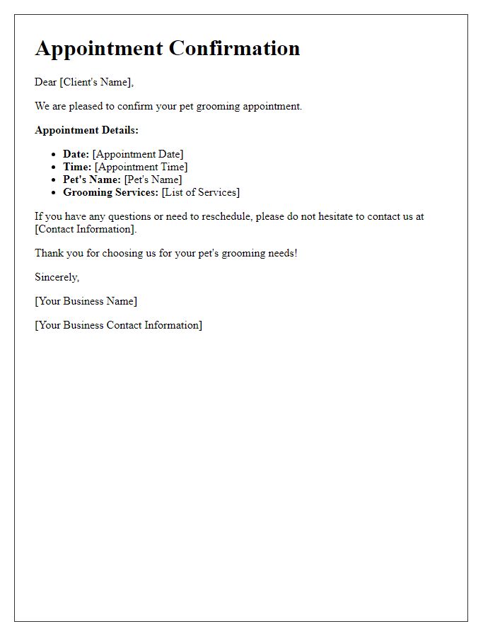 Letter template of arrangement confirmation for pet grooming