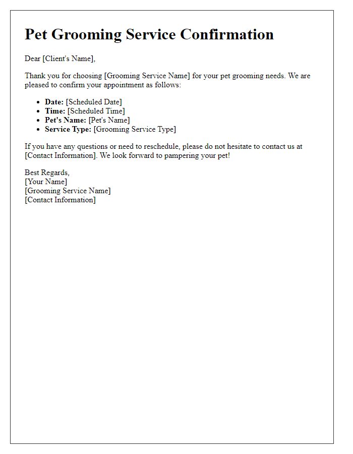 Letter template of confirmation for scheduled pet grooming service