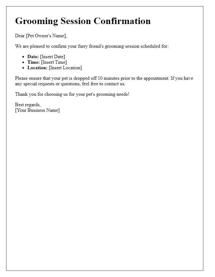 Letter template of grooming session confirmation for your furry friend