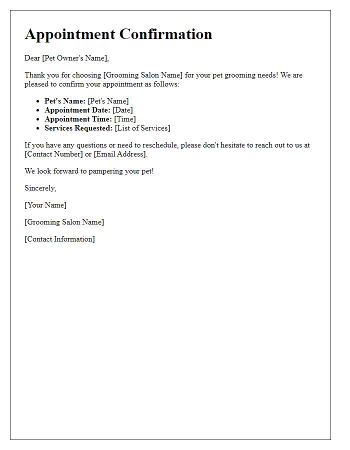 Letter template of pet grooming appointment confirmation