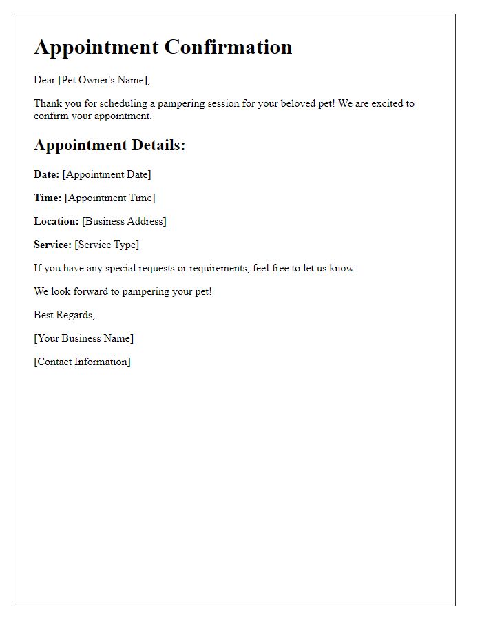 Letter template of pet pampering appointment confirmation