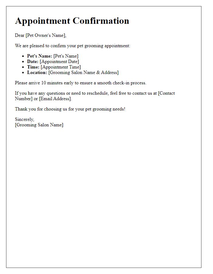 Letter template of verified pet grooming appointment