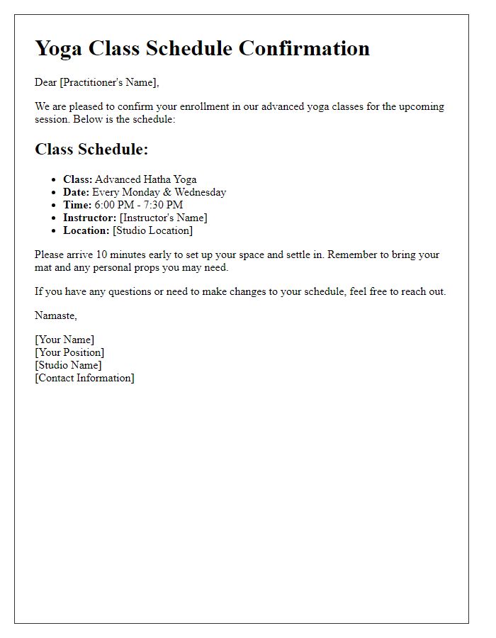 Letter template of yoga class schedule confirmation for advanced practitioners