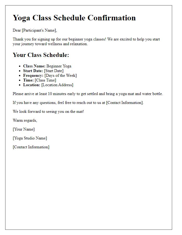 Letter template of yoga class schedule confirmation for beginners