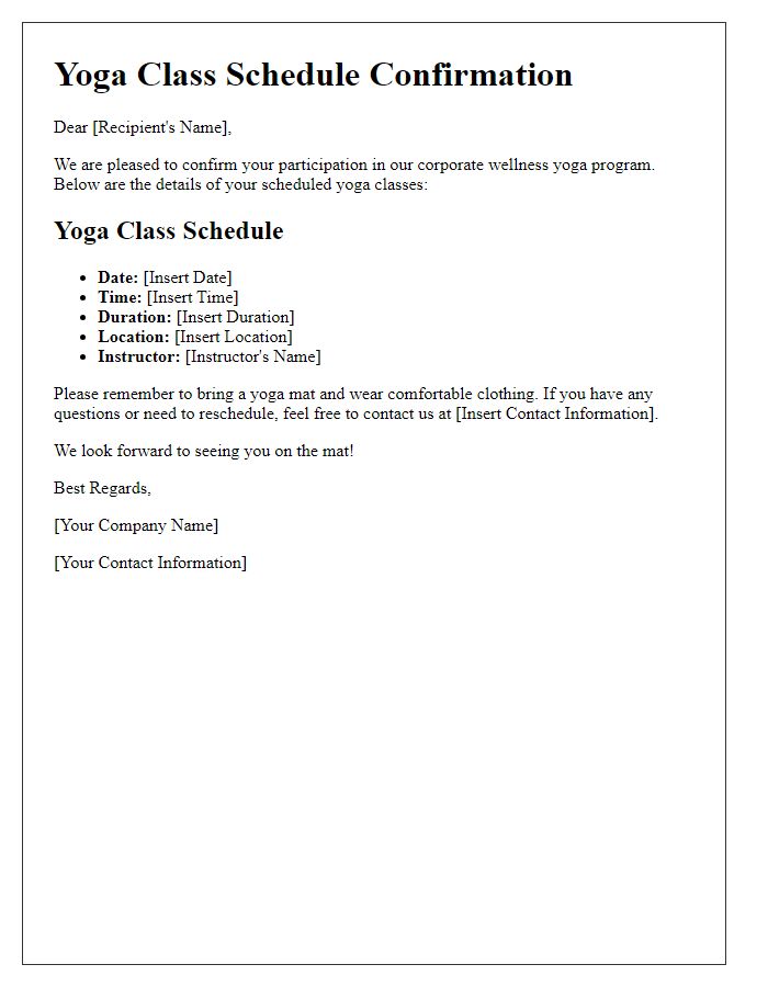 Letter template of yoga class schedule confirmation for corporate wellness programs