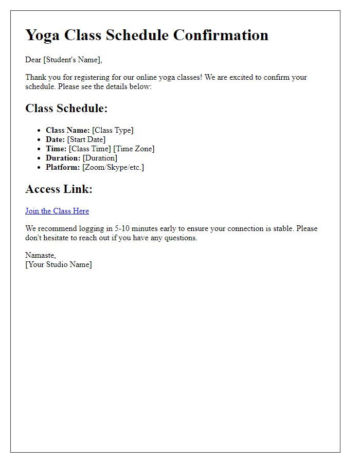 Letter template of yoga class schedule confirmation for online sessions