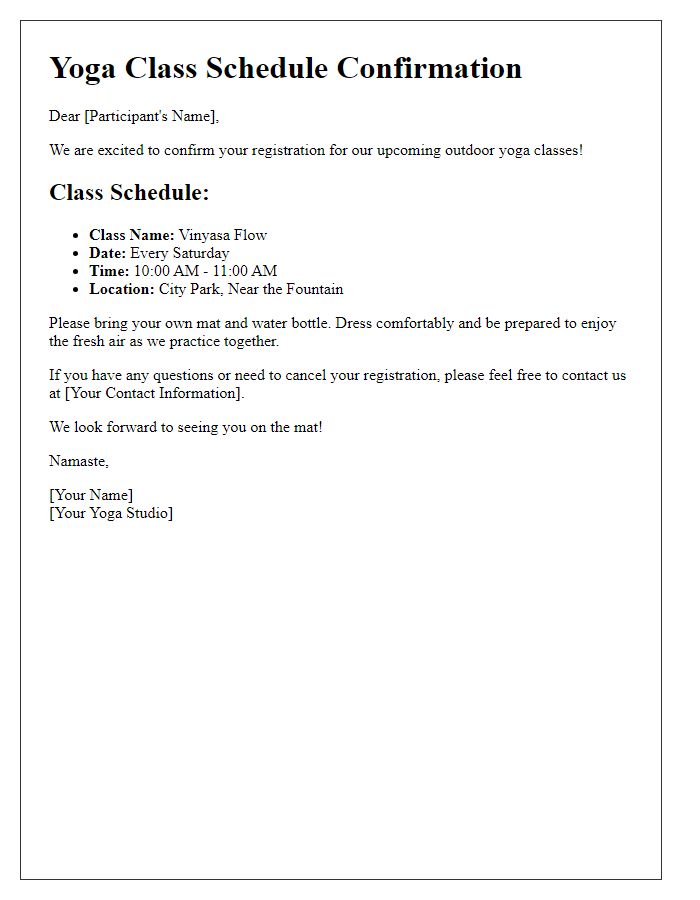 Letter template of yoga class schedule confirmation for outdoor classes