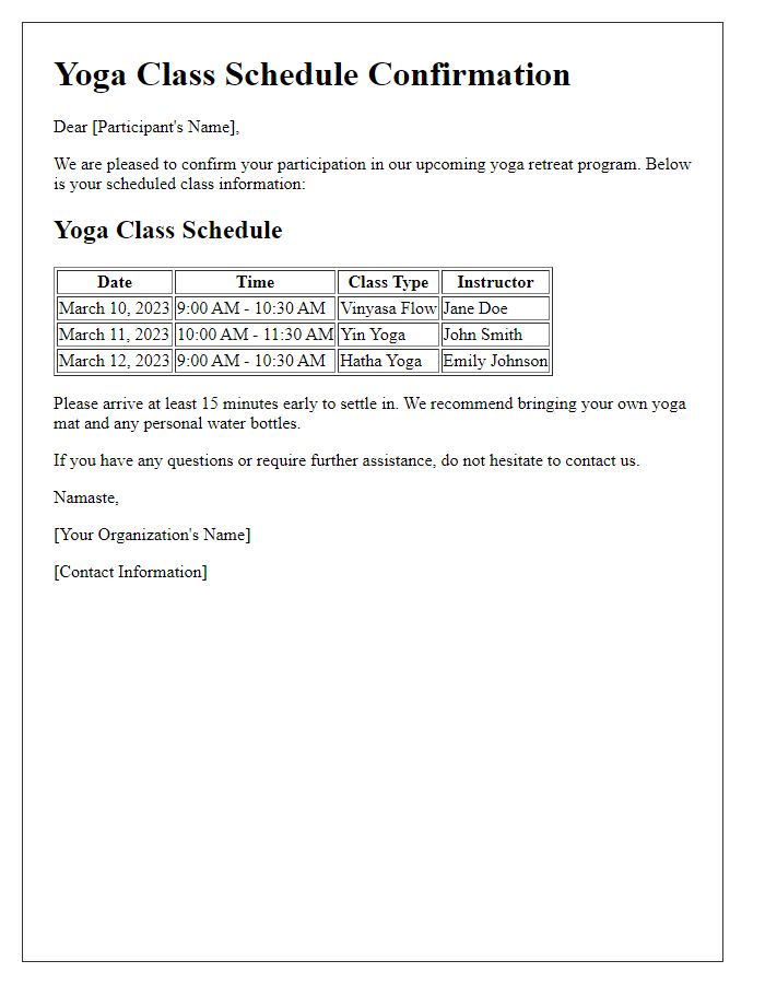 Letter template of yoga class schedule confirmation for retreat programs