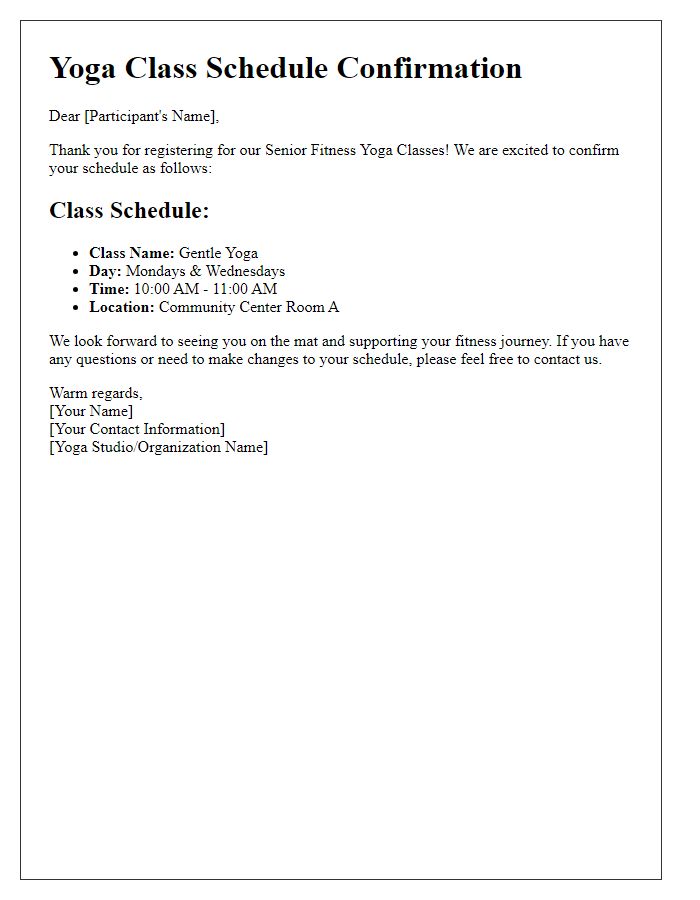 Letter template of yoga class schedule confirmation for senior fitness classes