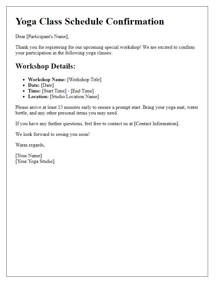 Letter template of yoga class schedule confirmation for special workshops