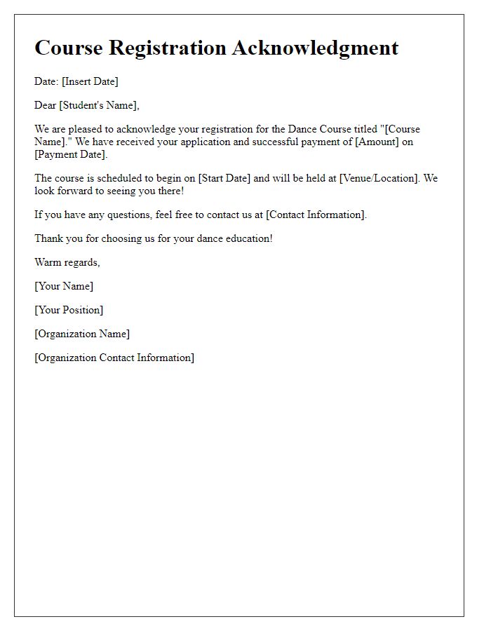 Letter template of acknowledgment for dance course registration.