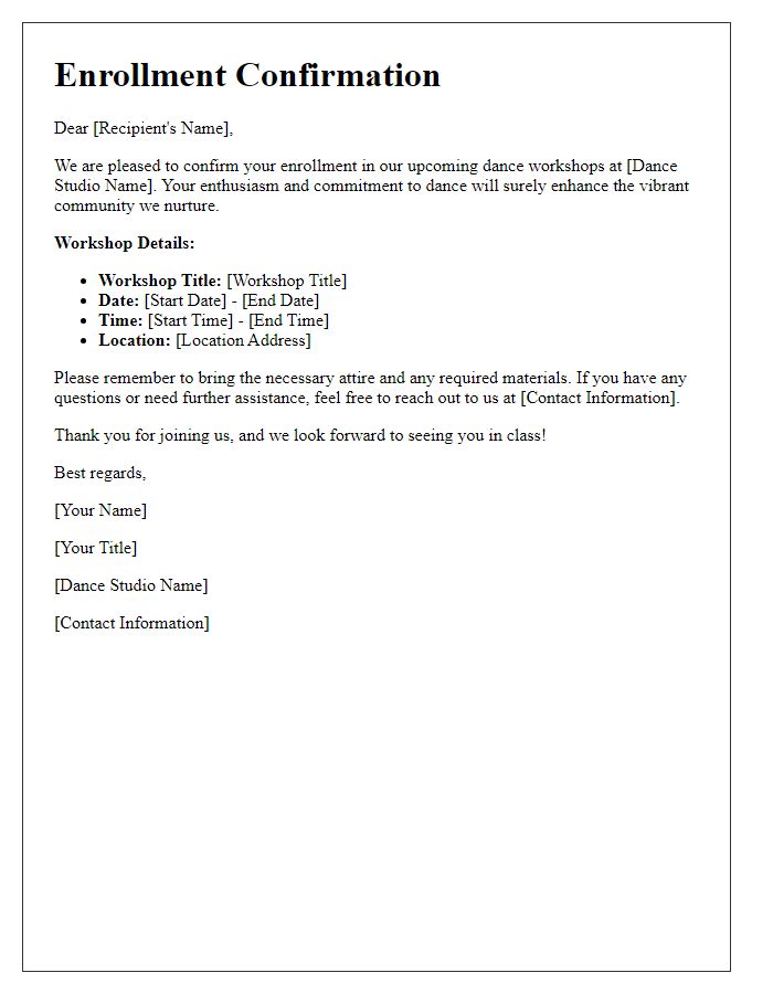 Letter template of confirmation for enrollment in dance workshops.