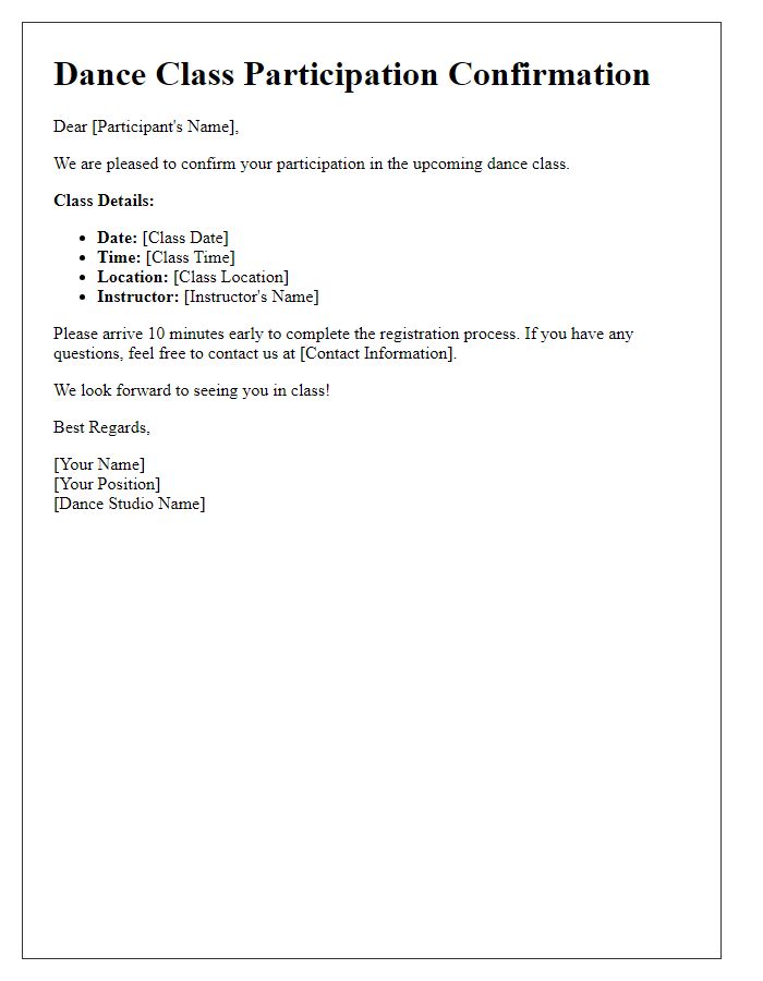 Letter template of confirmation regarding your dance class participation.