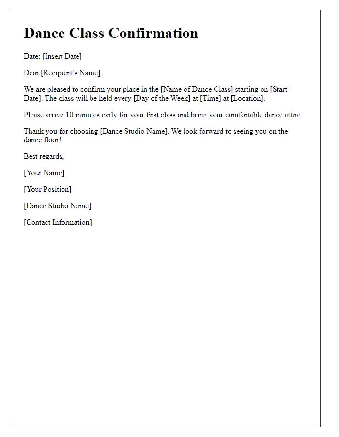 Letter template of confirming your place in a dance class.