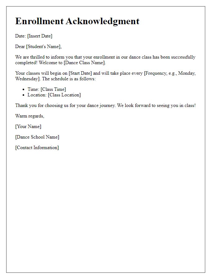 Letter template of dance class enrollment acknowledgment.