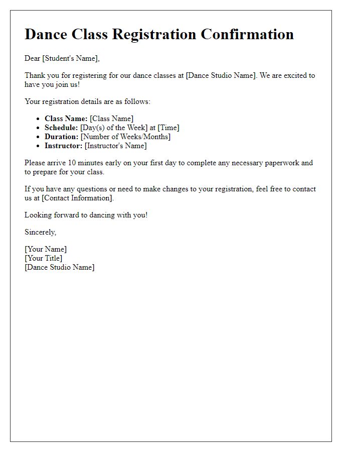 Letter template of dance class registration confirmation notice.