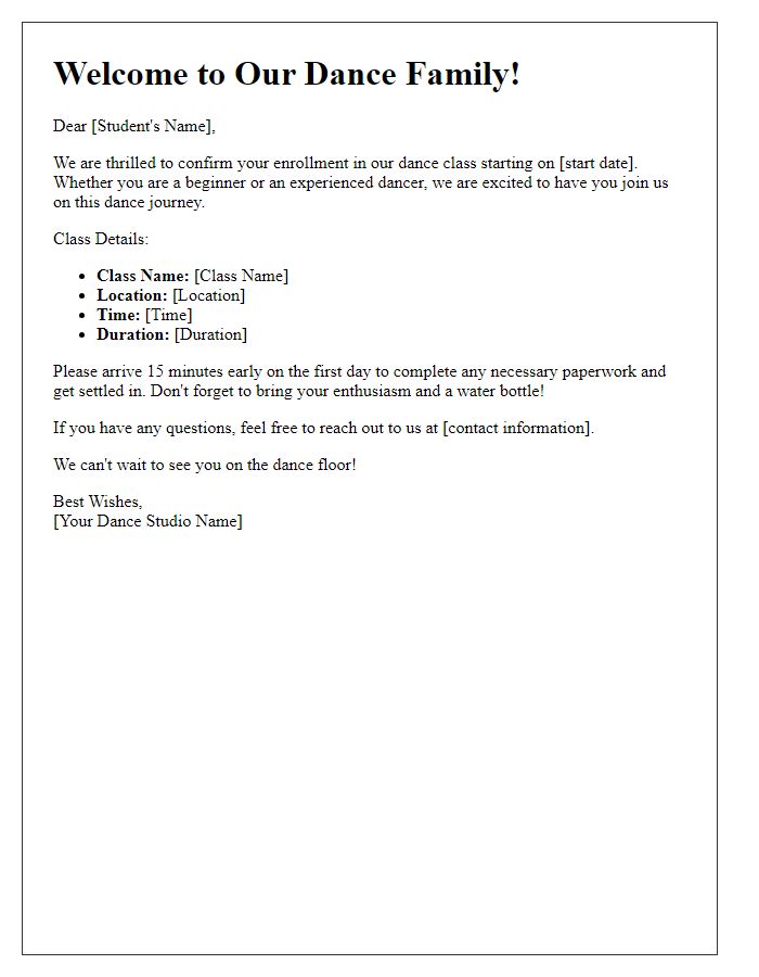 Letter template of welcome and confirmation for dance class enrollment.