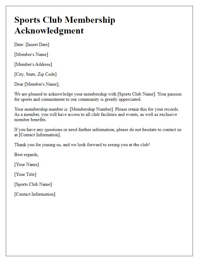 Letter template of acknowledgment for sports club membership.