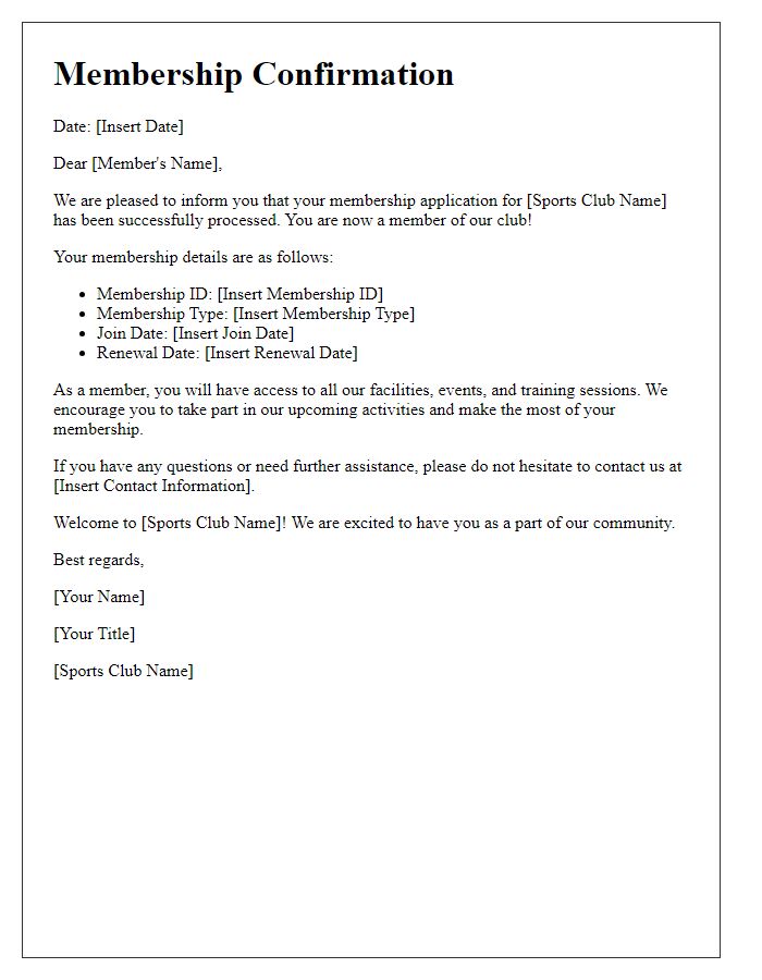 Letter template of membership confirmation for sports club enrollment.