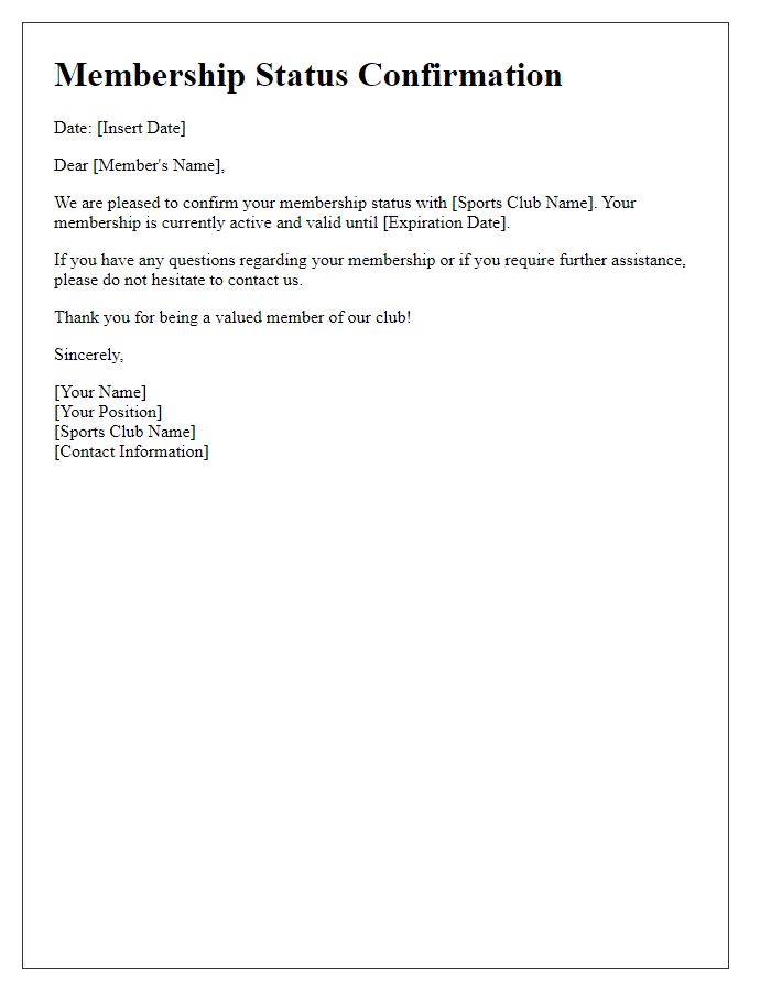 Letter template of membership status confirmation for sports club.