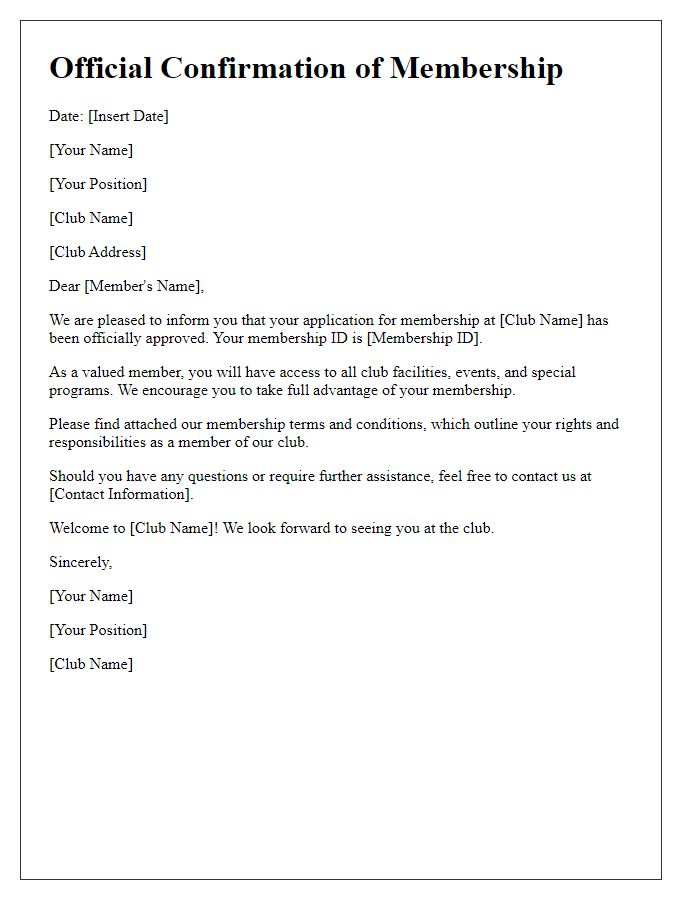 Letter template of official confirmation for sports club membership.