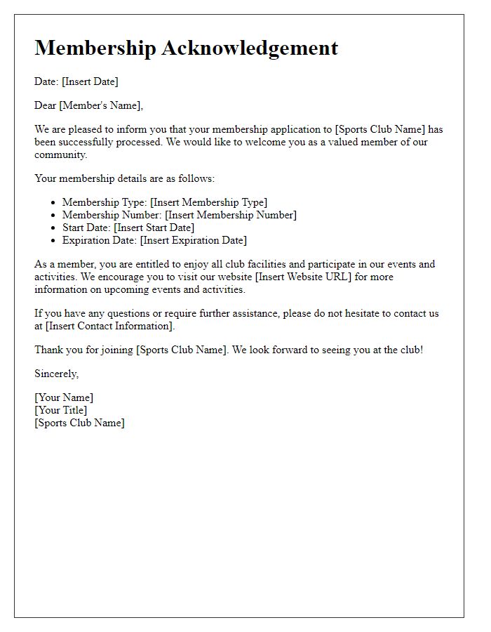 Letter template of sports club membership acknowledgement letter.