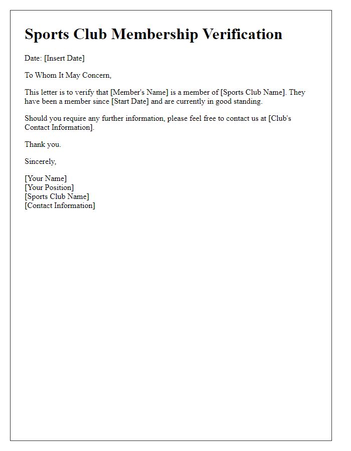 Letter template of sports club membership verification.