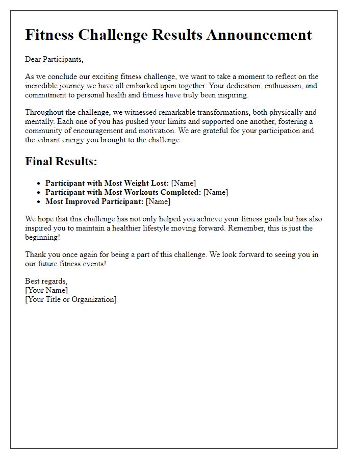 Letter template of closing statement on fitness challenge results.