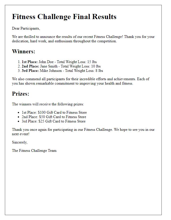 Letter template of final results announcement for fitness challenge.