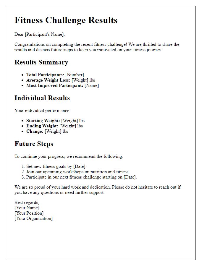 Letter template of fitness challenge results and future steps.