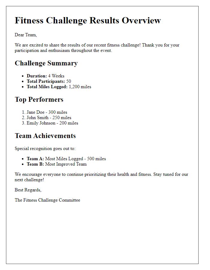 Letter template of fitness challenge results overview for teams.