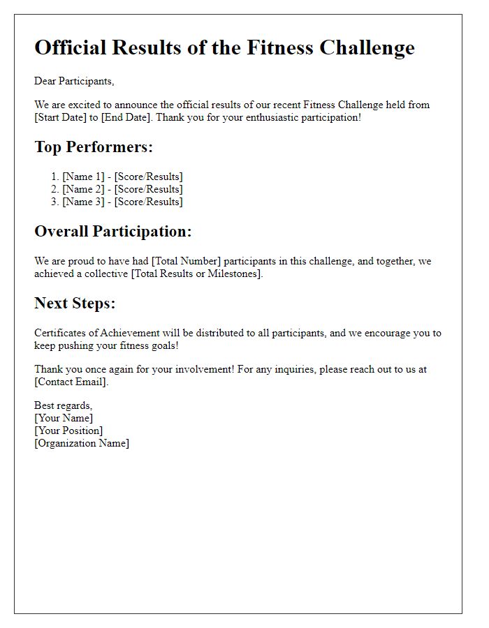 Letter template of official results communication for fitness challenge.