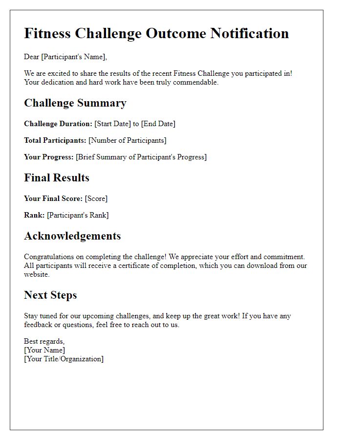 Letter template of outcome notification for fitness challenge participants.