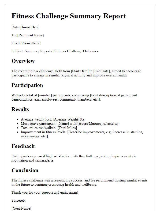 Letter template of summary report for fitness challenge outcomes.