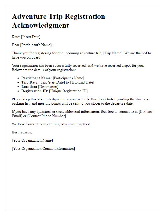 Letter template of acknowledgment for adventure trip registration