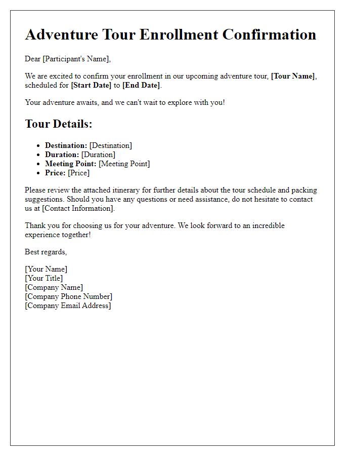 Letter template of adventure tour enrollment confirmation