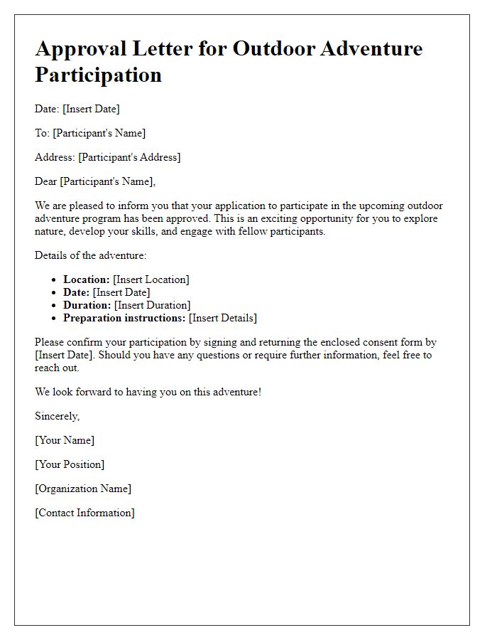 Letter template of approval for outdoor adventure participation