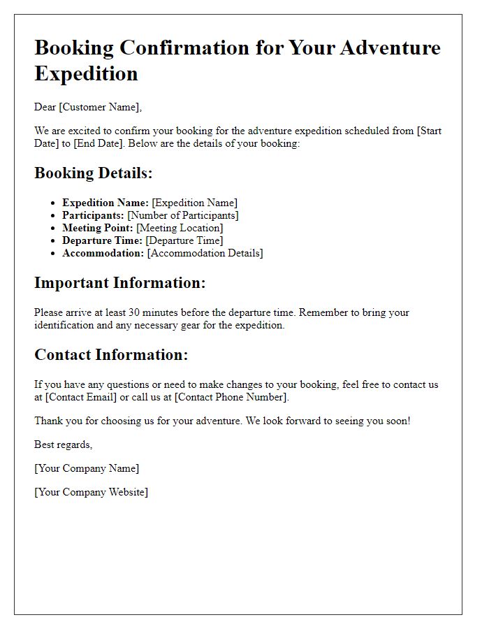 Letter template of booking confirmation for adventure expedition