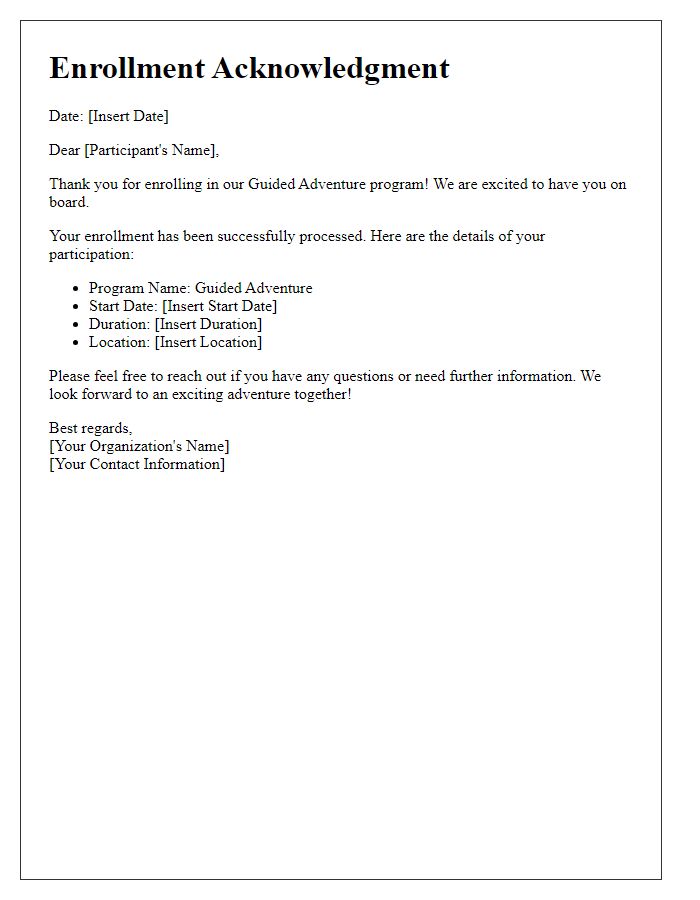 Letter template of enrollment acknowledgment for guided adventure