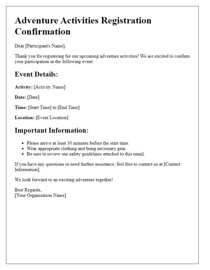 Letter template of registration confirmation for adventure activities