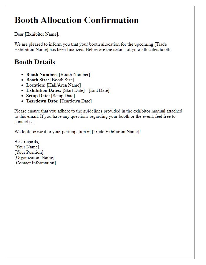 Letter template of allocated booth details for trade exhibition