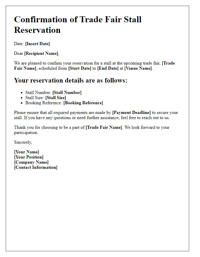 Letter template of confirmation for reserved trade fair stall